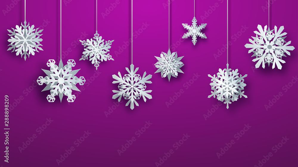 Christmas large complex paper hanging snowflakes on purple background Christmas large complex paper hanging snowflakes on purple background