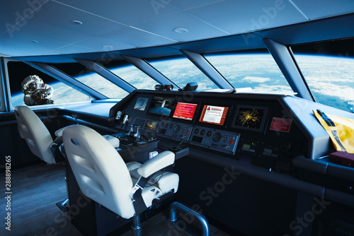 Fototapeta Naklejka Na Ścianę i Meble -  Concept of spaceship have red screen infected by ransomware on control panel cockpit which astronaut outside cannot back inside the craft from system error. Elements of this image furnished by NASA.