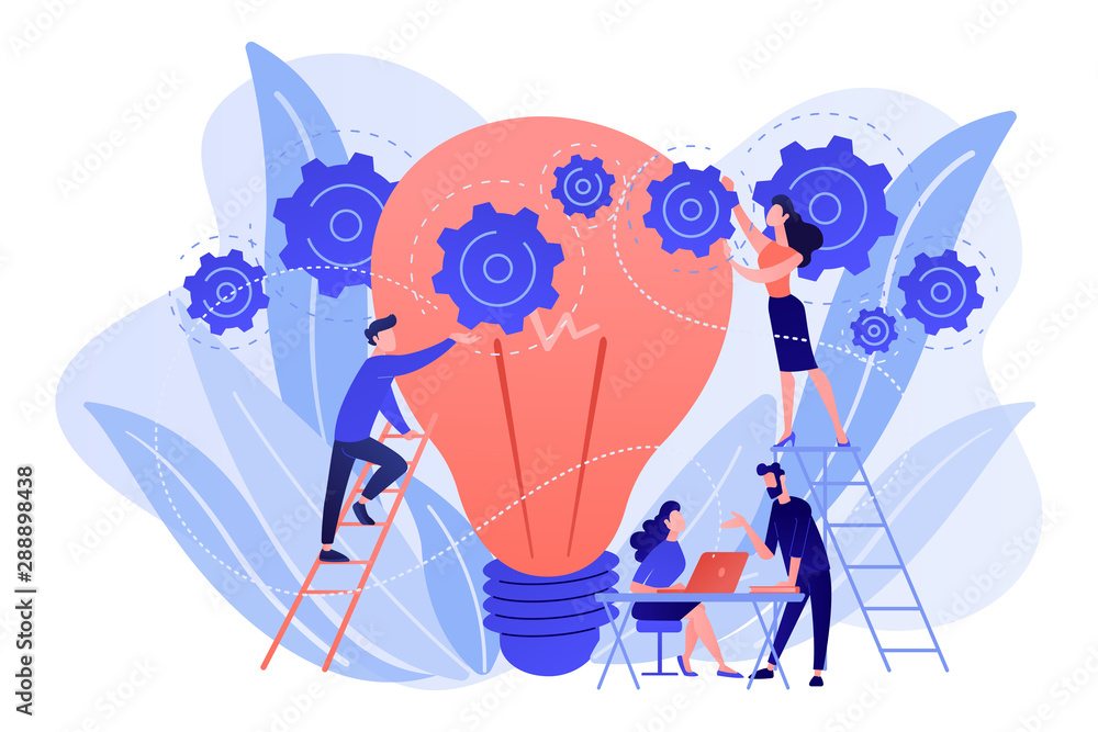 Business team putting gears on big lightbulb. New idea engineering, business model innovation and design thinking concept on white background. Living coral blue vector isolated illustration - obrazy, fototapety, plakaty 