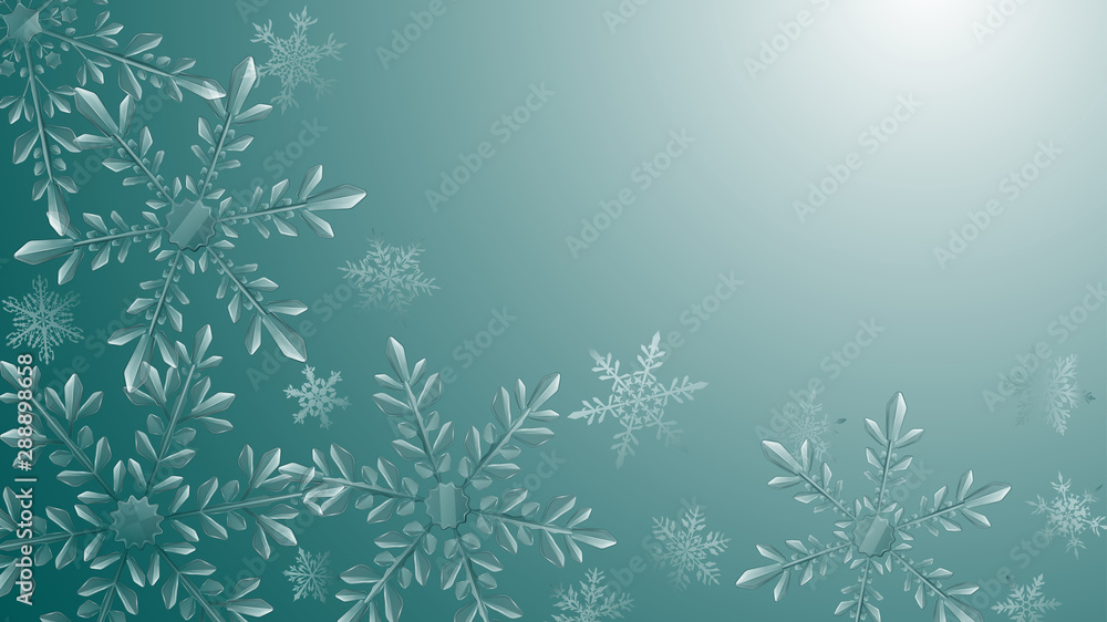 Fototapeta premium Christmas composition of large complex transparent snowflakes in light blue colors on gradient background. Transparency only in vector format