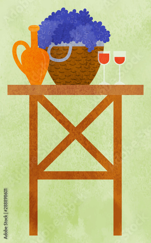 Wooden table with earthen jar, straw basket full of grapes and two glasses with red wine. Still life picnic, harvest festival concept vector illustration. Flat cartoon bunner for farm festival