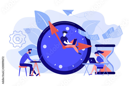 Busy business people with laptops hurry up to complete tasks at huge clock and hourglass. Deadline, project time limit, task due dates concept. Living coral blue vector isolated illustration