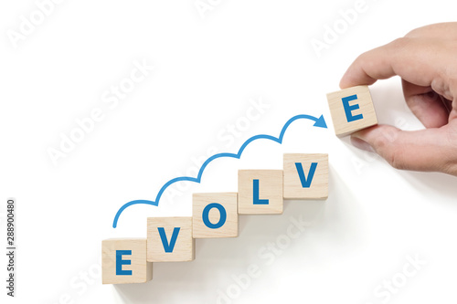 Wooded cube block on white background with word EVOLVE and copy space for your text