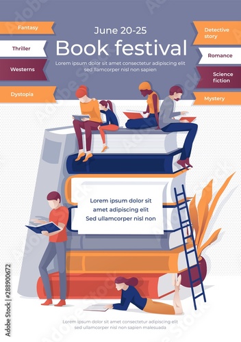 Book Festival Banner. Cartoon People Read on Book Stack Vector Illustration. Fantasy, Thriller, Western, Dystopia, Detective Story, Romance, Science, Fiction, Mystery. Bookshop Advertising
