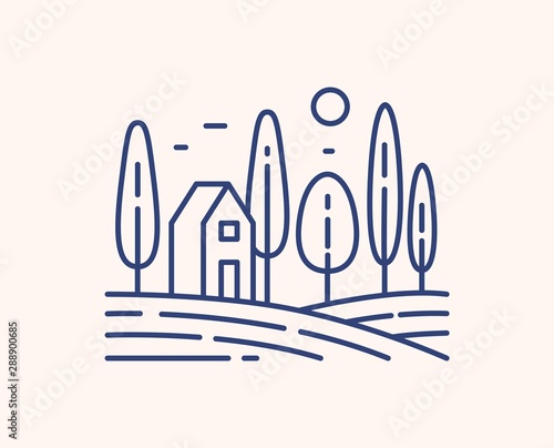 Rural landscape outline vector illustration. Blue linear scenery isolated on ...