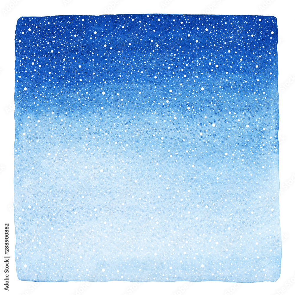 Winter watercolor square gradient background with falling snow splash, spray, dots texture. Christmas, New Year hand drawn painted template with uneven edges. Shades of sky blue watercolour stains.