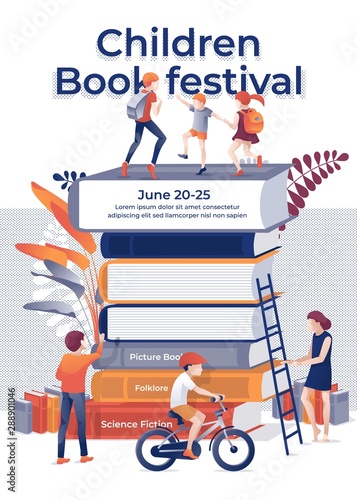 Children Book Fectival Banner. Cartoon Children on Book Stack Vector Illustration. Bookshop Bookstore Advertising. Picture Folklore Tale Science Fiction. Education Event. Family Fair