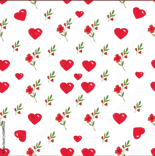 Red watercolor delicate flowers and leaves and hearts on a white seamless background