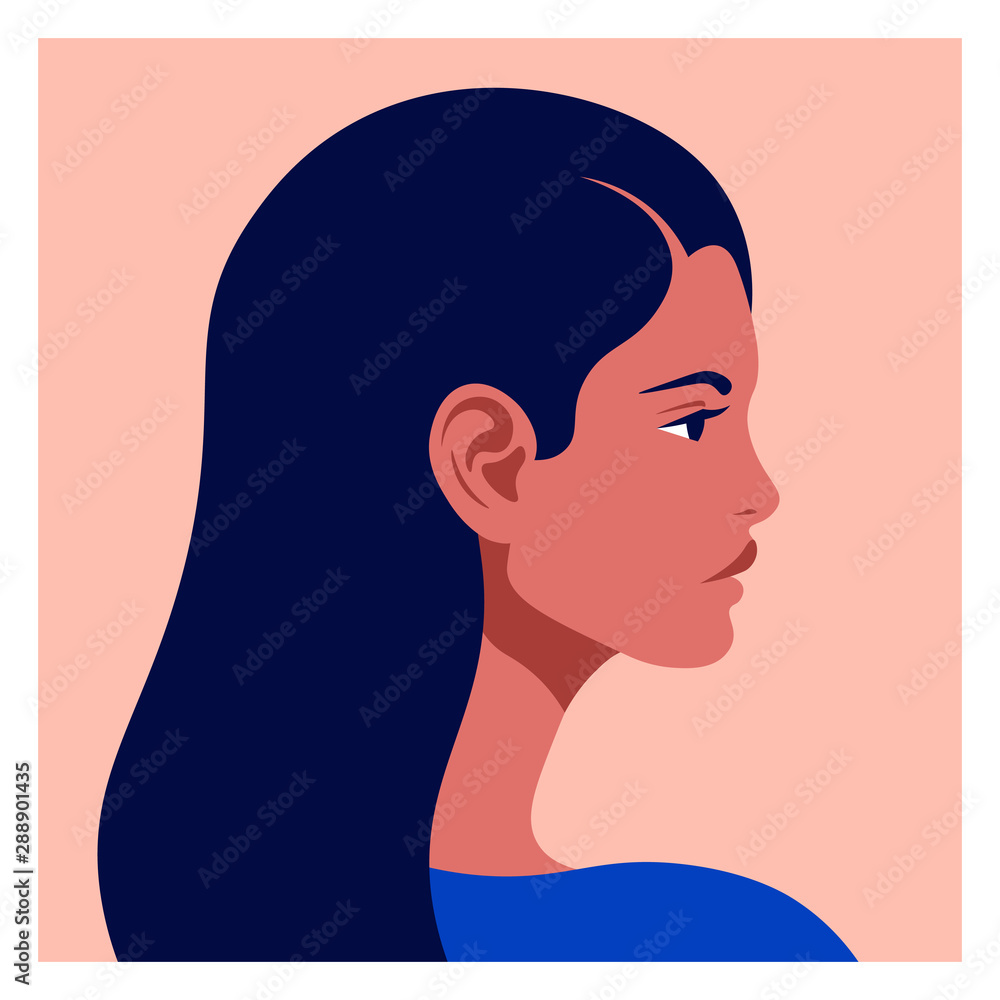 Latin American head in profile. Hispanic woman. Races and nationalities of the world. Vector flat illustration