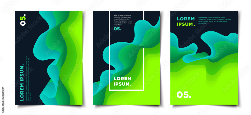 Set of green wavy 3d abstract shape cover layout template