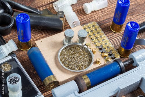 Photography reloading process shotgun shells with special reload equipment
