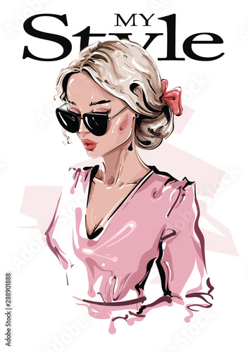 Hand drawn beautiful young woman in sunglasses. Stylish girl with bow in her hair. Fashion woman look. Sketch. Vector illustration.