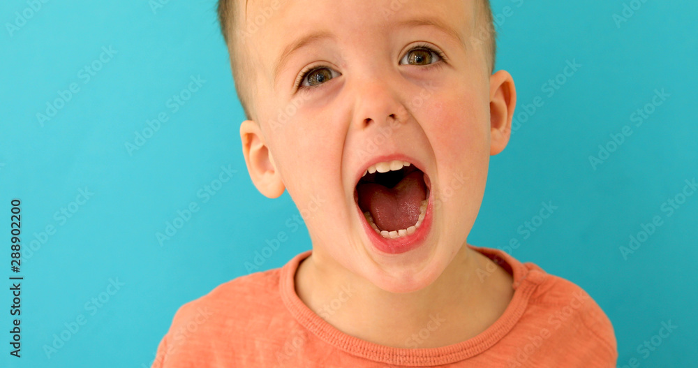 Kid boy brown hair European appearance screams mouth wide open on blue background Kid boy brown hair European appearance screams mouth wide open on blue background