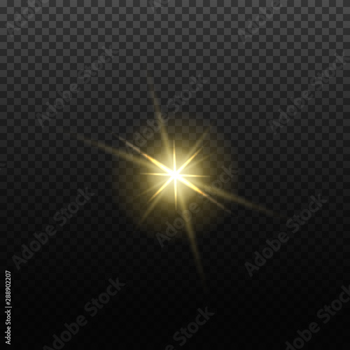Vector light lens flare effect. Bright golden highlight. Space star explosion. Decorative magic Christmas element.
