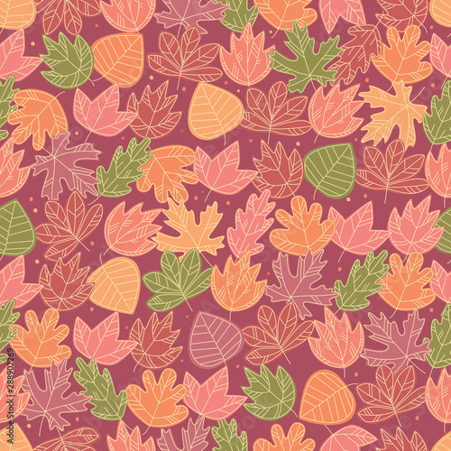 Seamless pattern. Painted autumn colored leaves on a burgundy background. Vector full color graphics