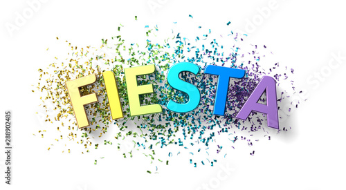 Fiesta text with confettis white background