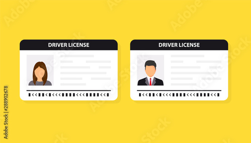 Driver license. ID card. Identification card icon. Man and woman driver license card template. Vector illustration flat design.