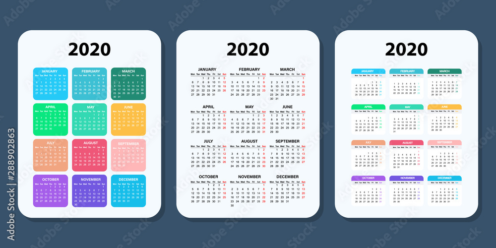 Set of colorful Calendars 2020. Week starts on monday. New year. Colorful calendar set. Year 2020