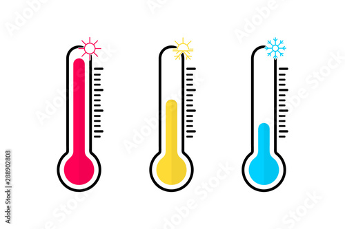 Thermometers with different levels. Celsius and fahrenheit meteorology thermometers measuring heat and cold. Temperature icons set. thermometer icon design template