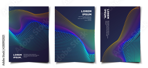 Set of digital abstract futuristic dotted flowing wavy particles background layout, cover, poster, wallpaper design template
