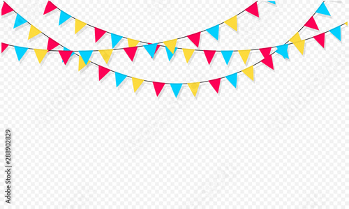 Set of flag garlands. Carnival garland with flags. Decorative colorful party pennants for birthday celebration, festival and fair decoration. Holiday background with hanging flags.