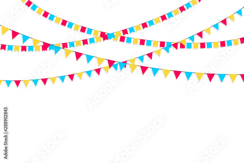 Set of flag garlands. Carnival garland with flags. Decorative colorful party pennants for birthday celebration, festival and fair decoration. Holiday background with hanging flags.