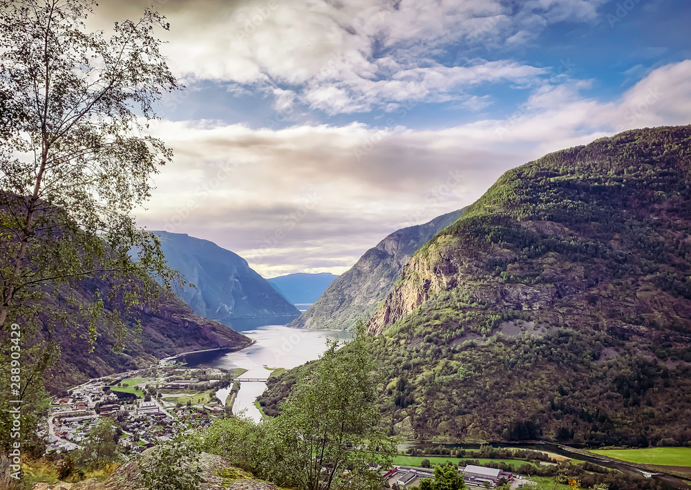 Beautiful scenery from mountaintop at Norway's Sognefjord near sunset hour