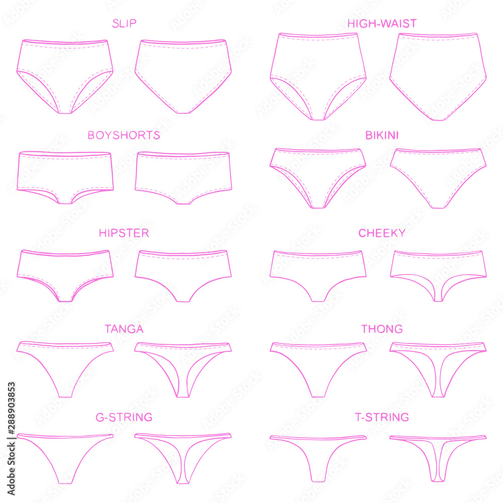 Types of women's panties. Front and behind view. Set of underwear - slip,  high waist, string, thong, tanga, bikini, cheeky, hipster, boyshorts.  Vector illustration Stock Vector | Adobe Stock