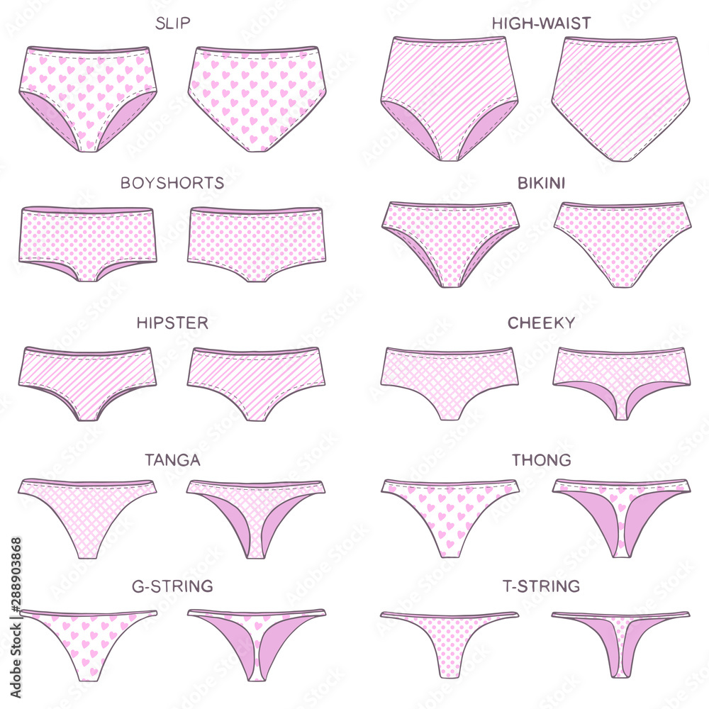 Vetor do Stock: Types of women's panties with various print. Front and  behind view. Set of underwear - slip, high waist, string, thong, tanga,  bikini, cheeky, hipster, boyshorts. Vector illustration