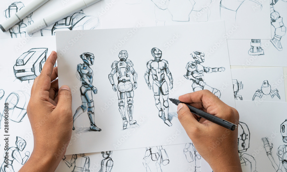 Animator designer Development designing drawing sketching development  creating graphic pose characters sci-fi robot Cartoon illustration animation  video game film production , animation design studio. Stock Photo | Adobe  Stock