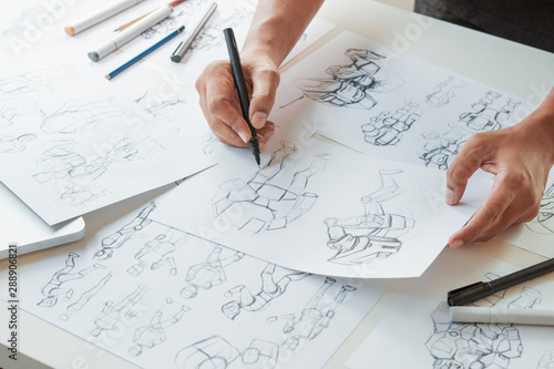 Slika na platnu Animator designer Development designing drawing sketching development creating graphic pose characters sci-fi robot Cartoon illustration animation video game film production , animation design studio