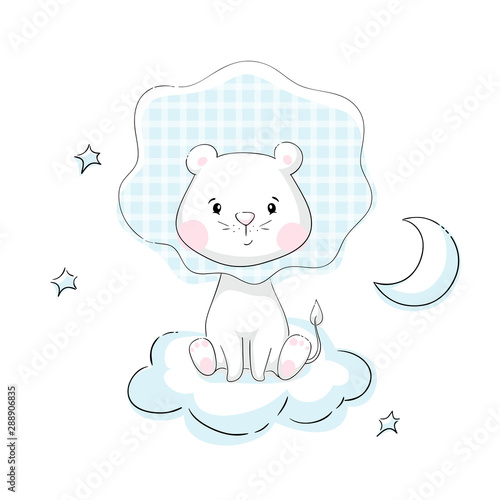Lion baby cute print. Sweet tiny animal with star, clouds and moon. Little night sky illustration