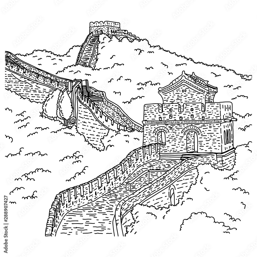 Great Wall of China Drawing, great wall of china, building, monochrome png  | PNGEgg