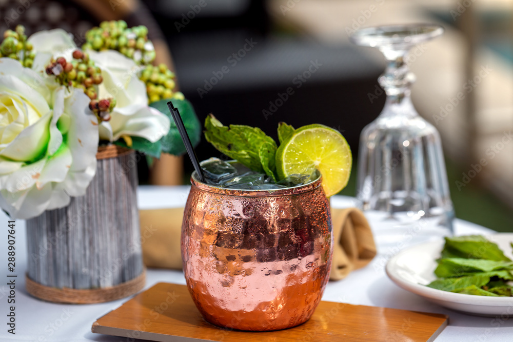 Summer beverage or alcohol drink in bronze glass with slice of lime, mint and straw, served on a wooden plate. Close up. Tropical summer vacations concept.
