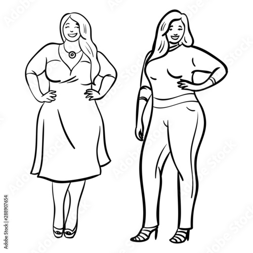 two chubby women with whole bodies who stand confidently and smile.  monochrome cartoon illustration.