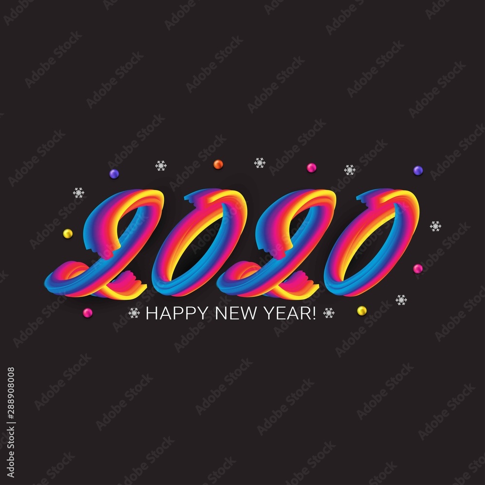 2020 New Year. Colorful Fluid numbers With Stroke. New year illustration on black background.Colorful brushstroke oil or acrylic paint lettering