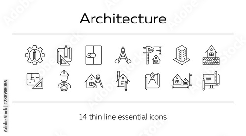 Architecture line icon set. Pencil, ruler, floor plan