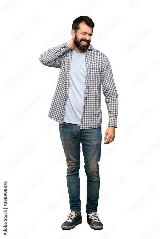 Handsome man with beard with neckache over isolated white background Handsome man with beard with neckache over isolated white background