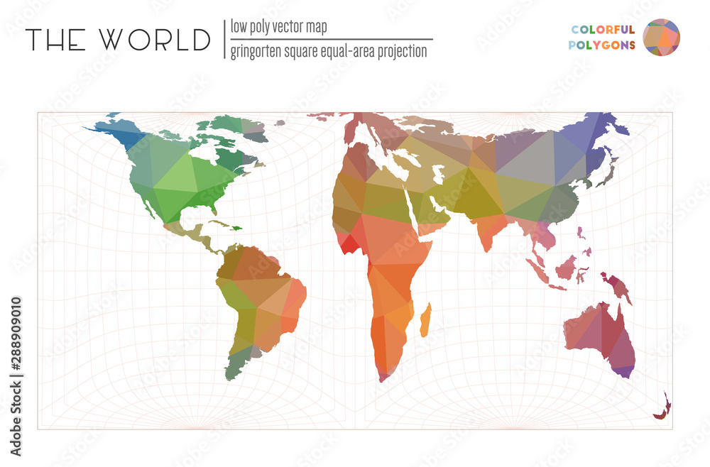Naklejka premium Polygonal world map. Gringorten equal-area projection of the world. Colorful polygons. Neat vector illustration.