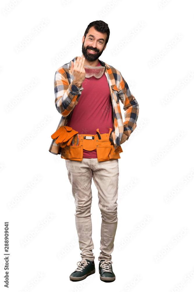Craftsmen man inviting to come with hand. Happy that you came over isolated white background Craftsmen man inviting to come with hand. Happy that you came over isolated white background