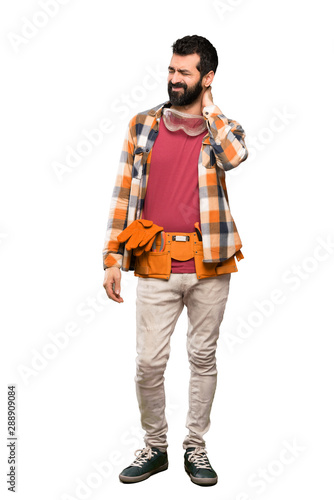 Craftsmen man with neckache over isolated white background
