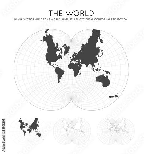 Map of The World. August's epicycloidal conformal projection. Globe with latitude and longitude lines. World map on meridians and parallels background. Vector illustration.