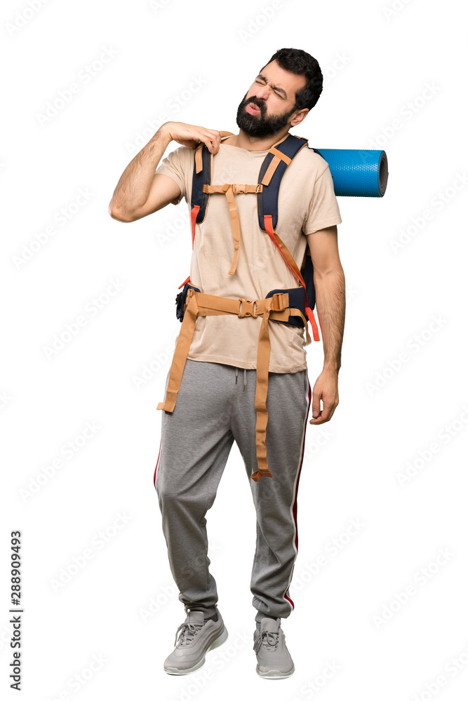 Hiker man with tired and sick expression over isolated white background Hiker man with tired and sick expression over isolated white background