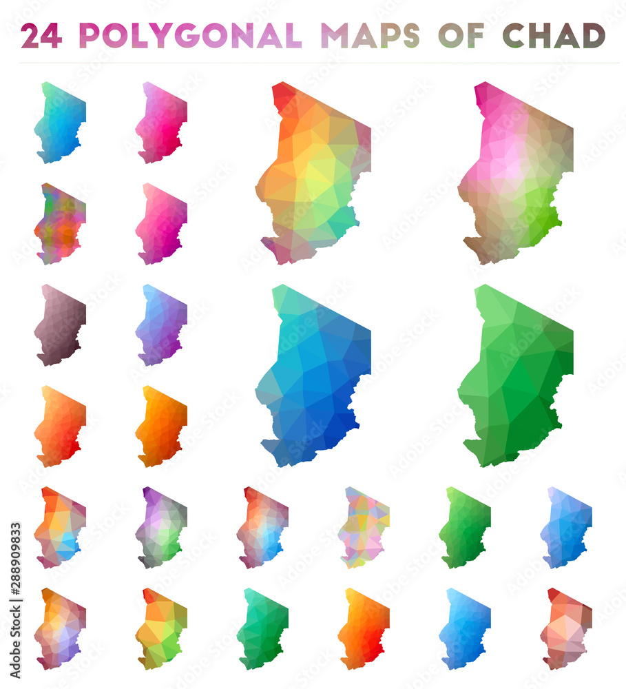 Set of vector polygonal maps of Chad. Bright gradient map of country in low poly style. Multicolored Chad map in geometric style for your infographics.