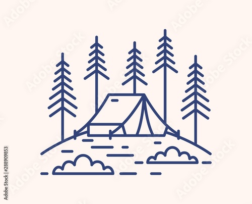 Camping tent in forest outline vector illustration