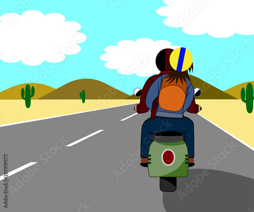The couple are riding a motorbike, traveling happily on the beautiful love road. Both sides were desert.