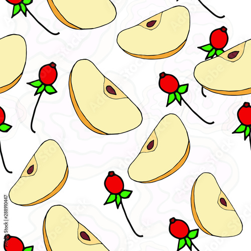 Fototapeta Naklejka Na Ścianę i Meble -  Seamless vector pattern with apple slice, berry and abstract stain.  Perfect for romantic design, decoration, wrapping paper