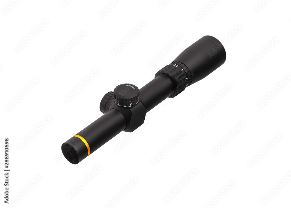 modern black optical scope for weapon isolated on whited. sight scope isolated on white back. modern black optical scope for weapon isolated on whited. sight scope isolated on white back.
