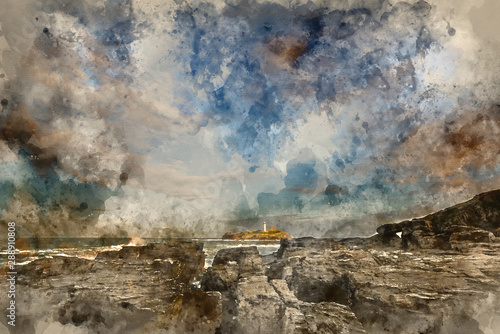 Digital watercolor painting of Beautiful sunrise landscape of Godrevy lighthouse on Cornwall coastline in England