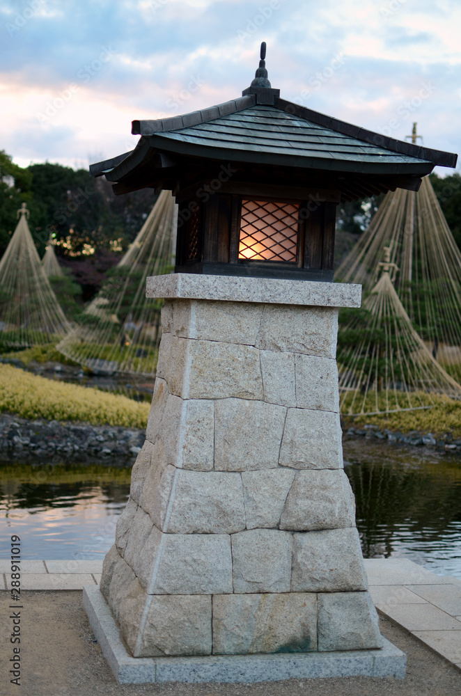 Shirotori Garden. Ancient Lantern In Tradition Japanese Garden. Shirotori Garden. Ancient Lantern In Tradition Japanese Garden.